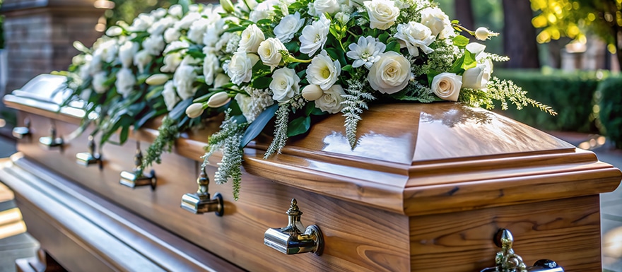 Funeral at graveyard, casket covered with flowers