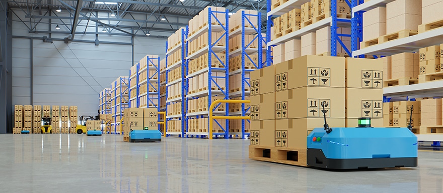 Interior view of warehouse with stacks of boxes