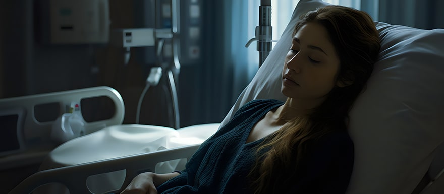 Dark hospital room with young woman laying on hospital bed